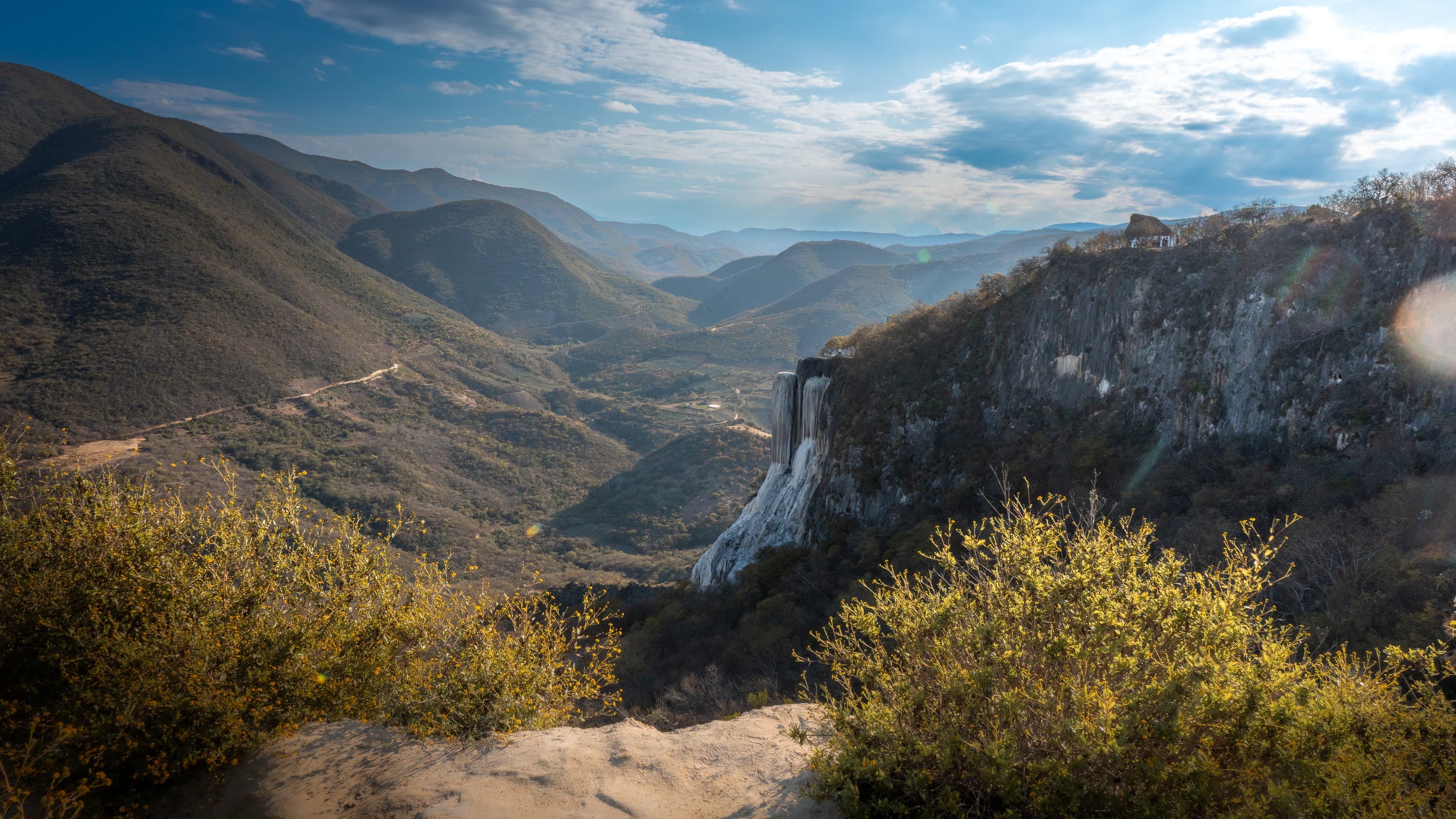 Petrified mineral waterfall over a mountain valley, Hierve el Agua, Oaxaca, Mexico