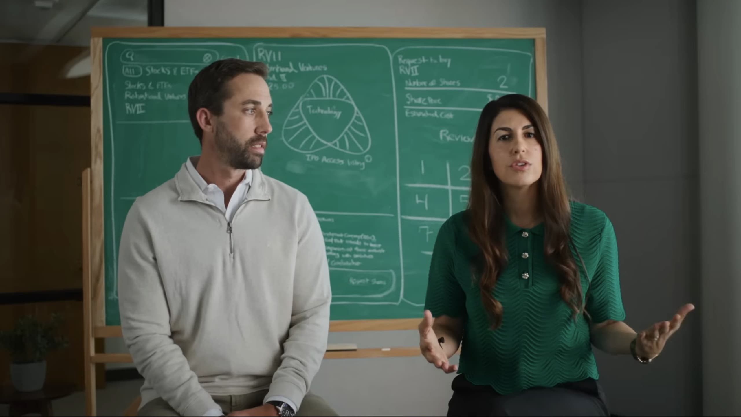 Still from the Robinhood Ventures Fund II roadshow: two presenters seated before a chalkboard diagram of the RVII listing.